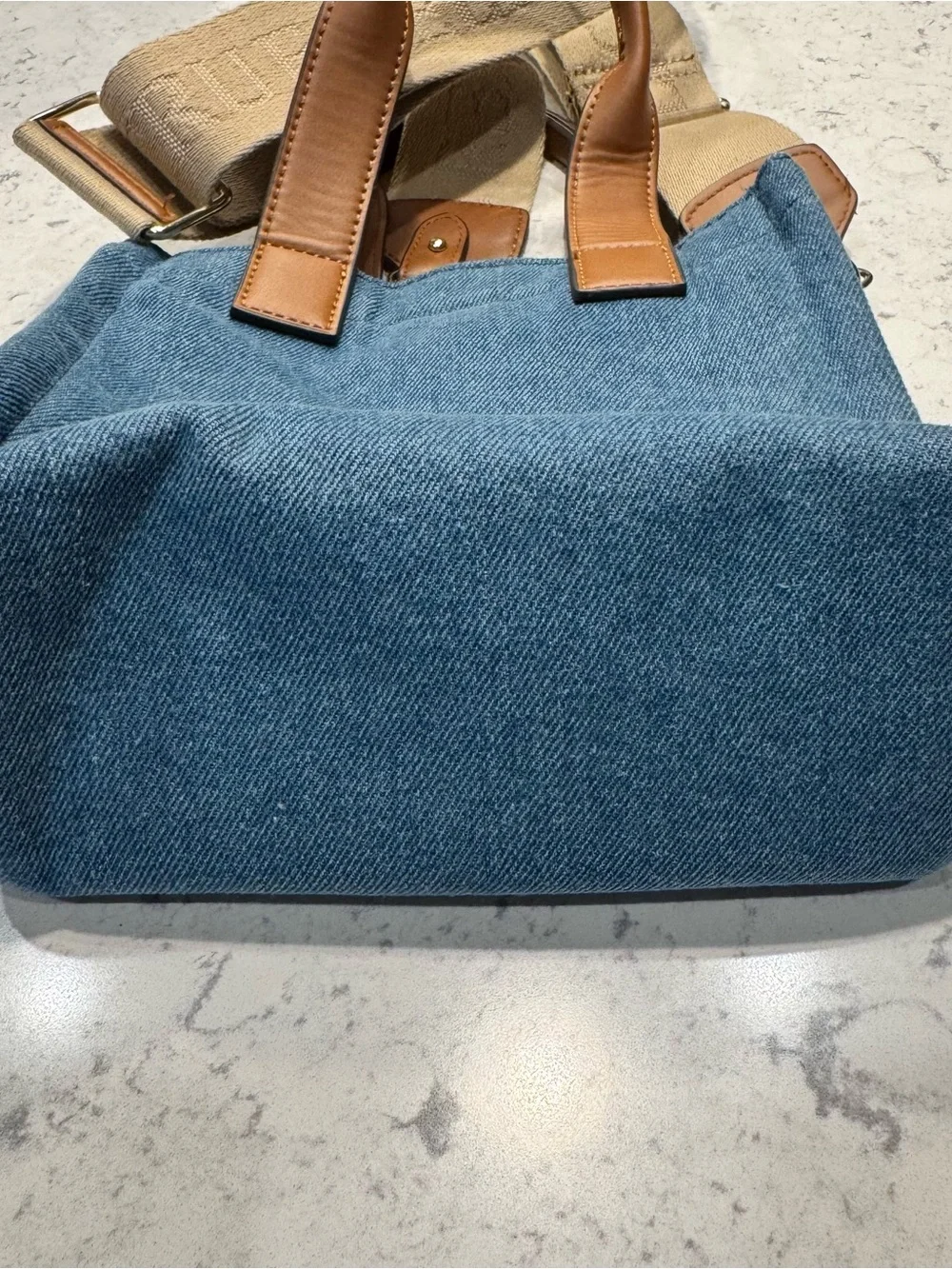 True Religion Blue Denim Mini Messenger with Brown Trim